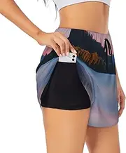 [GaxfjRu] Lake Under Sunset Print Women's Running Shorts High Waisted Running Shorts Pocket Sporty Gym Elastic Short