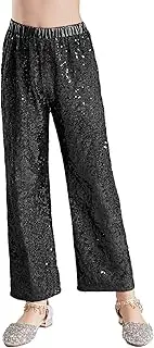 [Miutii] Kids Girls Sequins Wide Leg Pants Metallic High Waist Dance Pants Jazz Hip Hop Disco Ballroom Costume Dancewear
