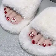 Short Square Press on Toenail Red and White False Toenails Flowers Design Toenails Leopard Print Toenails Gold Glitter Fake Toenail Full Cover Fake Toenails for Women and Girls 24 PCS