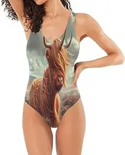 [RPLIFE] Highland Cow Unicorn Ladies Bathing Suit, Slimming Bathing Suit, One-Piece Swimsuit with Padding