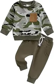 [MAHUAOYIXI] 2Pcs Toddler Boys Outfits Long Sleeve Camouflage Top Sweatshirts with Elastic Waist Drawstring Pants Tracksuit Set for Baby Boys Clothes, Green, 12-18 Months