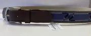 The Belted Cow Hockey Leather Tab Belt Blue Ribbon Tan Canvas Brass Bkl Size 38