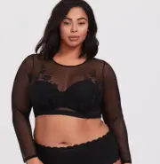 Torrid Black Mesh Embroidered Long Sleeve Under-It-All Crop Top size 00 10 Med