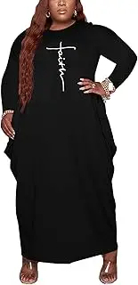 [Fooullaide] Women's Plus Size Maxi Dress Print Loose Oversize Long Sleeve Baggy Tshirt Casual Tunic Dresses with Pocket