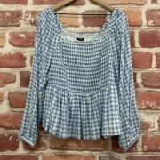 Torrid Top Shirt Womens 1X Blue White Gingham Plaid Smocked Casual Popover