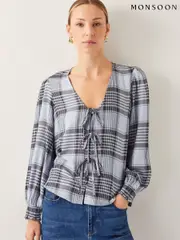 Monsoon Blue Ava Tie-Front Check Blouse (F36647) | $127