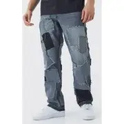 Mens Charcoal Relaxed Distressed Patchwork Jean