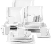 [MALACASA] Ivory White Dinnerware Set, 30-Piece Porcelain Dinnerware Sets, Modern Square Dinner Set Plates and Bowls for Dessert, Salad and Pasta, Cup and Saucer Set, Dinnerware Set for 6, Series Flora