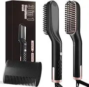 Beard straightener of men - straightening brush, original heated beard brush kit with anti-burn function, wooden comb included, travel bag for short to medium beards