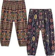 [TENMET] 2 Pack Kids Harem Bloomers Pants Elastic Waist Bohemian Style Casual Baggy Ankle Trousers for Boys and Girls