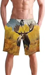 [XYMZR] Men's Swim Trunks Yellow Landscape Moose Quick-Dry Bathing Suit Swimming Board Shorts S