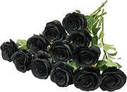 Helera 12PC Black Roses Artificial Flowers Fake Roses Silk Realistic Roses Bouquet Flowers with Long Stems for Wedding Home Party Centerpieces Decorations