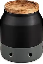 Cole & Mason Elmdon Black/Grey Garlic Keeper, Kitchen Organisation, Storage Pot for Fresh Garlic, Ceramic/Acacia/Silicone, (H) 120 mm x (D) 110 mm