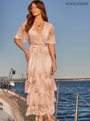 Sosandar Beige Snake Print Tiered Hem Wrap Jersey Midi Dress (B01067) | $173