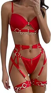 [GoFunway] Women Sexy Lingerie 3 Piece Strappy Chain Lingerie Set with Garter Belt Underwire Bra and Panty Sets