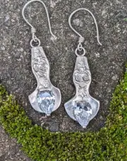 Vintage Upcycled Sterling Silver Spoon Earrings White Gemstones Hand Made .A9b