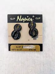 New Vintage NAPIER Signed Black w Gold Tone Accents Adjustable Clip on Earrings