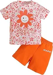 [Cakaner] Toddler Kids Girl Clothes Flower Smiley Top + Letter Print Shorts 2PC Girls Summer Short Set(6-7T), Orange-cb