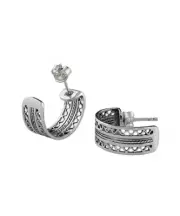 Sterling Silver Filigree Double Wavy Design C-Hoop Stud Earrings for Women