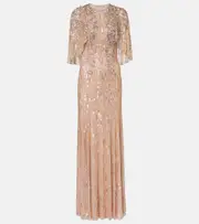 [Jenny Packham] Jenny Packham Astra sequined caped gown AU 14 beige