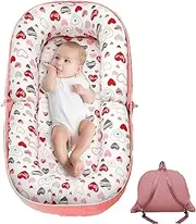 GloTika Baby Lounger, Foldable Infant Nest Pillow with Soft Memory Foam Mat, Cover with Adorable Pattern, Converts to Backpack for Easy Travel, 0-12 Months, Pink