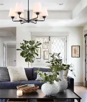 ABBEY: Interior Traditional 6 Lamps Opal Glass Pendant Lights Matte Black