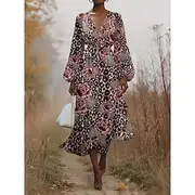 Women's Midi Dress Casual Dress Chiffon Swing Dress Modern Vacation Daily Weekend Regular Fit Floral Leopard Long Sleeve V Neck Yellow Pink Green Summer Spring
