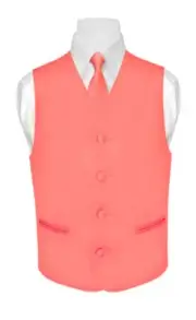 BOY'S Dress Vest & NeckTie Solid CORAL PINK Color Neck Tie Set for Suit or Tux