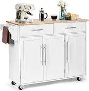 Giantex Mobile Kitchen Island Cart, Rolling Storage Trolley w/Towel Bar, 2 Deep Drawers, 3 Door Cabinets, Swivel Casters, Rubber Wood Top, Ideal for Kitchen, Hotel, Restaurant, Cafe (White)