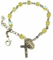 Yellow Glass Cube Bead Bracelet with Miraculous Medal and Crucifix, 7 1/2 Inch
