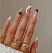 Acrylic press on nails almond fake nails minimalist style french tip 24PCS/Set (black and white, medium)