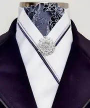 ERA Rachael Equestrian Pre-tied White Satin Stock Tie - Grey Brocade & Brooch