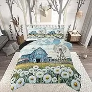 Erosebridal Rustic Farmhouse Comforter Sets Queen Size Retro Turquoise Barn and Windmill Bedding Vintage Blue Floral Quilt with 2 Pillowcases Rural Country Lodge Cabin Duvet Insert-Farmhouse Decor