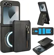 [XIMAND] for Samsung Galaxy Z Flip 6 Case with 2 in 1 Detachable Magnetic Wallet, 4 Card Slots and Zipper Pocket,Compatible with MagSafe, RFlD Blocking Premium PU Leather Wireless Charging-Black