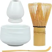 4Pcs Japanese Matcha Tea Set Matcha Starter Making Kit with Matcha Whisk Bowl Whisk Holder and Scoop Safe Bamboo Tea Whisk and Ceramic Bowl Set for Matcha Tea (Ruyao White)