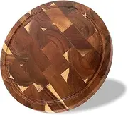 TJ POP End Grain Wooden Chopping Board 30 x 30 x 2.5 CM, Round Acacia Wood Cutting Board with Juice Groove and Built-in Handle, Medium Butcher Block Serving Board for Kitchen and Entertaining