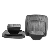 Melamine 12pcs Classic Square Dinnerware Set, Concise Plates and black wood