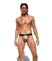 Rufskin Gilt Gold Rubberized Spandex Thong Bikini Size Small