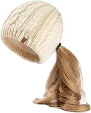 [TOP-EX] Merino Wool Blend Messy Bun High Ponytail Hole Fleece Lined Beanie Winter Hat Big Head Women