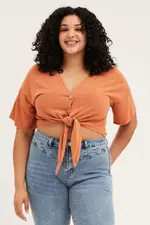 Brown Paprika Short Sleeve Linen Blend Tie Front Shirt
