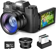 JUSTFX 4K Digital Camera,Vlogging Camera with WiFi for YouTube,Autofocus 16X Zoom 48MP Cameras Photography 64GB SD Card,Wide Angle & Macro Lens,2 Batteries,180°Flip Screen,Black