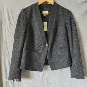 Ann Taylor Loft Charcoal Gray Black Leopard Print Tuxedo Blazer Jacket Size 2P