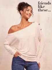 Friends Like These Cream Cosy Slash Neck Button Detail Top (AK0150) | $33