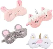 Baluue 4Pcs Cartoon Sleep Eye Mask Set Unicorn & Horn Designs Plush Shading Blindfold for Travel Naps & Overnight Use Comfortable Sleeping Eyeshade