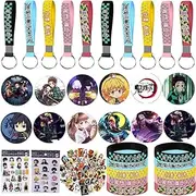 Anime Party Supplies, 84 Pack DS Set Party Favors - 10 Pack Bracelets, 10 Pack Keychains, 12 Pack Button Pins, 1 Pack Tattoo Sticker,1 Pack 3D Sticker, Set of 50 Stickers for Kids