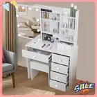 Dressing Table Makeup Vanity Set with Mirror Hollywood Desk Stool Set 6 Drawers