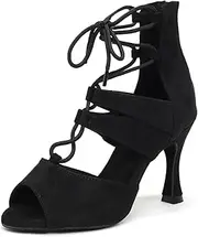 [ZYXWVU] Women's Latin Dance Boots Open Toe Lace Up Salsa Tango Bachata Ballroom Social Sandals, Black 9 cm, 10 AU