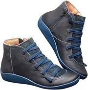 JMMSlmax Arch Support Boots for Women Vintage PU Leather Premium Orthopaedic Ankle Boots Comfort Side Zip Wedge Ankle Boots