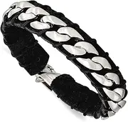 [JewelryWeb] 15mm Stainless Steel Brushed Curb Chain and Black Leather Bracelet 22 Centimeters Link-Bracelet for Women and Men