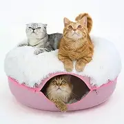 Peekaboo Cat Cave for Multiple & Large Cats Up to 30-45 Lbs, Fluffy Cat Beds for Indoor Cats, Scratch Detachable & Washable Tunnel Bed, Comfy Donut Cat Cave (Pink, Large (Calming))